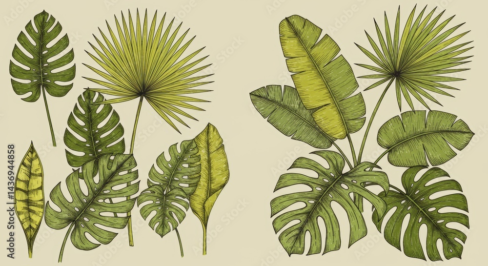 Fototapeta premium Tropical foliage illustration featuring lush monstera and palm leaves in a vintage style for botanical designs and exotic patterns