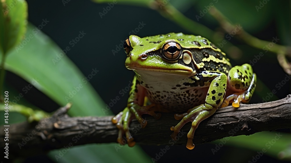 Green Tree Frog on Branch – Nocturnal Amphibian in Natural Habitat Green Tree Frog on Branch – Nocturnal Amphibian in Natural Habitat