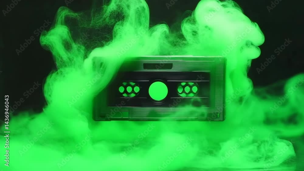 Retro cassette tape surrounded by green smoke.