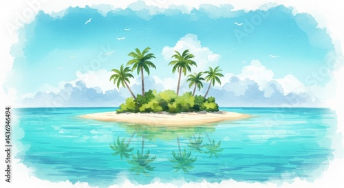 Watercolor island illustration with palm trees and turquoise water for travel and summer vibes