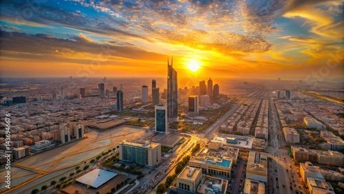 Riyadh Sunset Aerial: Panoramic Cityscape at Golden Hour