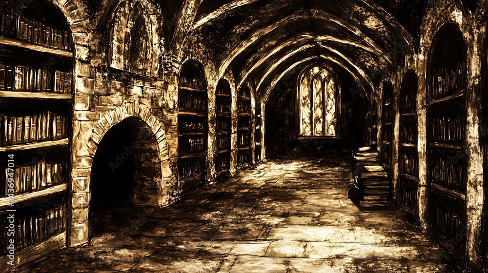 Fototapeta premium Dark library interior ancient bookshelves
