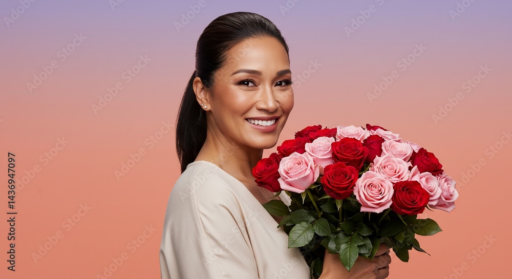 Woman smiling and holding a bouquet of red and pink roses against backdrop Woman smiling and holding a bouquet of red and pink roses against backdrop