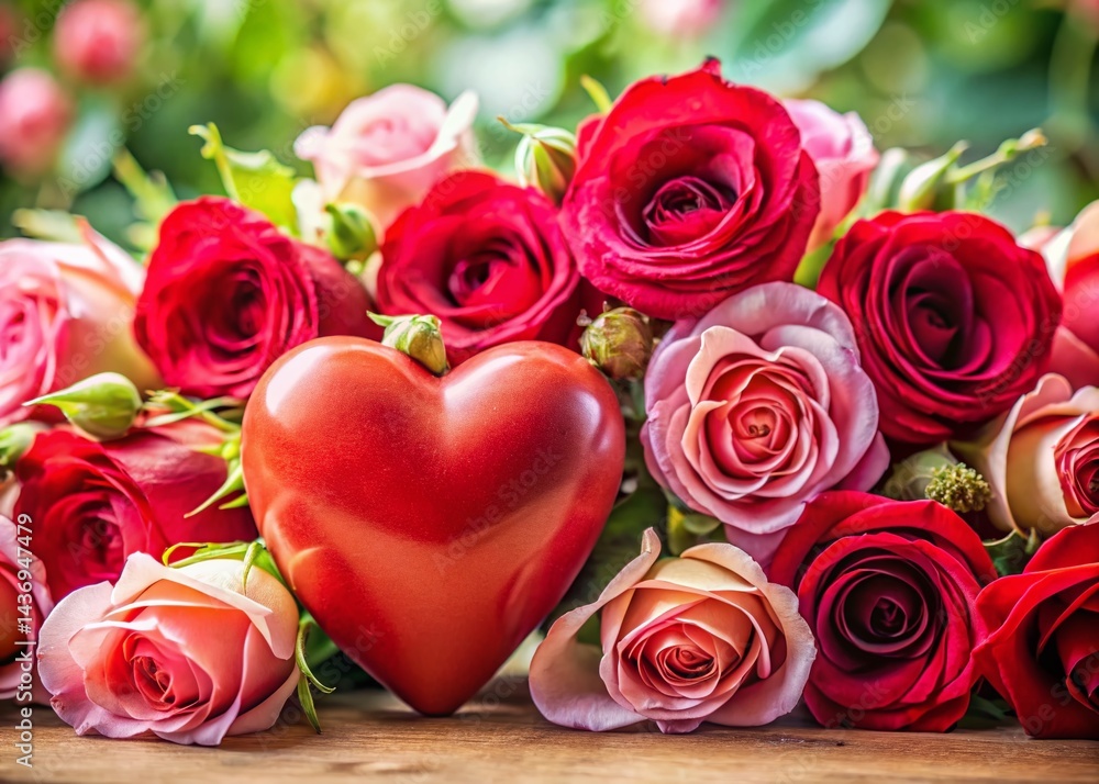 Romantic Valentine's Day & Mother's Day Background with Red Heart and Roses