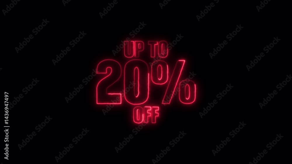 Vibrant neon glowing text animation featuring up to 20% off discount offer, perfect for promotional videos, sales announcements, and marketing campaigns, abstract animation of 20 % percent off neon. Vibrant neon glowing text animation featuring up to 20% off discount offer, perfect for promotional videos, sales announcements, and marketing campaigns, abstract animation of 20 % percent off neon.