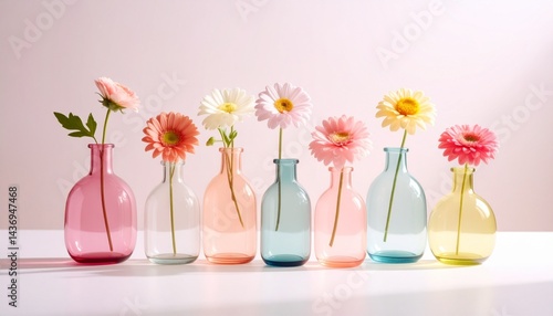 美しい花のアレンジメント、パステルカラーの淡い色の花瓶