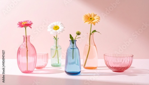 美しい花のアレンジメント、パステルカラーの淡い色の花瓶