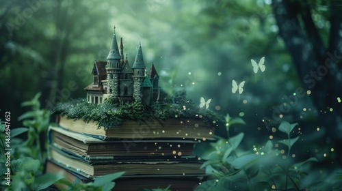 A whimsical stack of books with an enchanted castle nestled atop signifies the magic of reading. Enchanted Book Nook