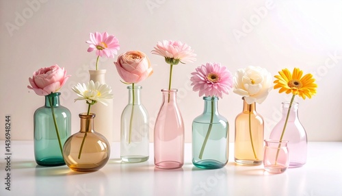 美しい花のアレンジメント、パステルカラーの淡い色の花瓶