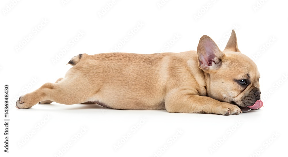 Fototapeta premium A fawn french bulldog puppy lying down on a white surface licking its nose with its pink tongue out