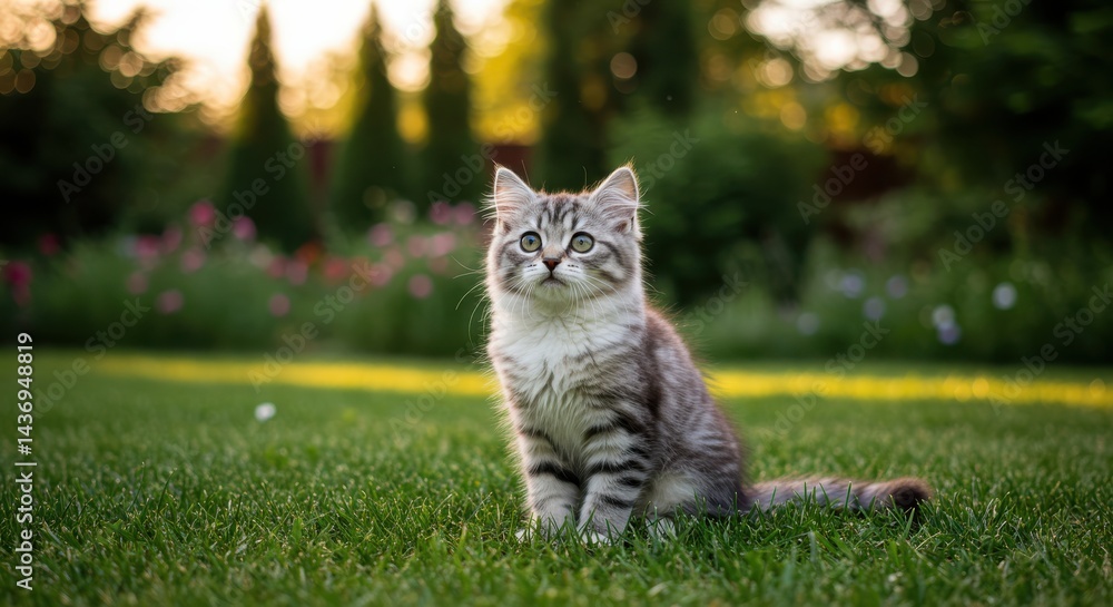 Naklejka premium Young kitten with gray and white fur sitting on a green lawn in a garden during golden hour