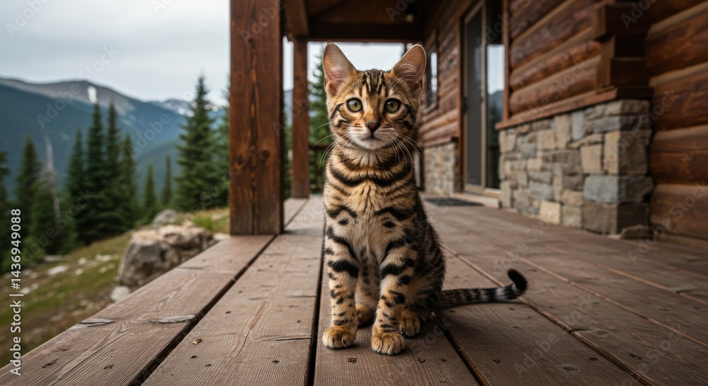 Obraz premium Bengal cat sitting on a wooden porch with a mountainous landscape in the background