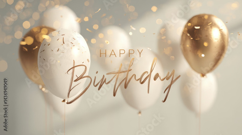 Minimalist birthday greeting card design with gold and white balloons, featuring elegant script text and festive confetti. soft lighting adds celebratory atmosphere