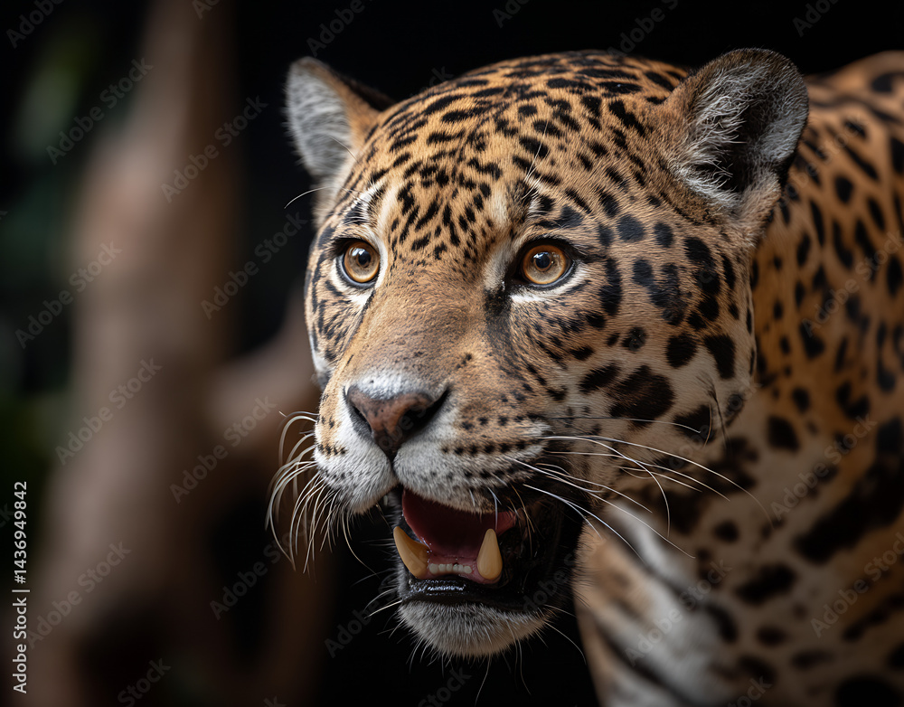 Majestic close-up of a roaring leopard showcasing its striking fur and fierce expression : Generative AI Majestic close-up of a roaring leopard showcasing its striking fur and fierce expression : Generative AI