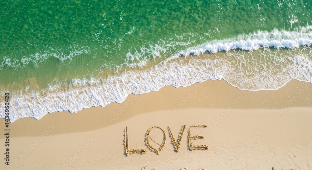 Fototapeta premium Aerial view of waves washing over the word LOVE written in the sand on a beach, creating a romantic vacation scene and tranquil summer vibe