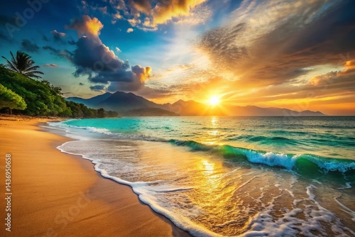 Serene Beachscape: Calm Ocean, Distant Mountains, Peaceful Sunset