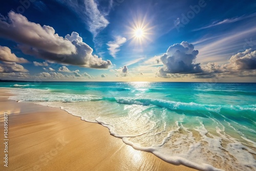 Serene Coastal Harmony: Sun-Kissed Beach, Calm Ocean Waves