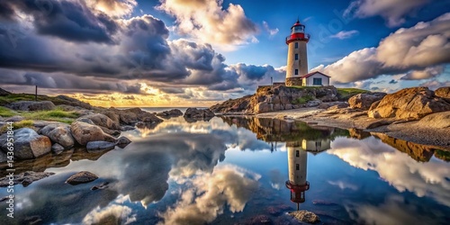 Serene Lighthouse Seascape: Calm Waters Reflecting Coastal Landmark Under Dramatic Sky