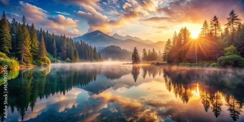 Serene Mountain Lake Reflection: Misty Forest, Calm Waters, Sunrise