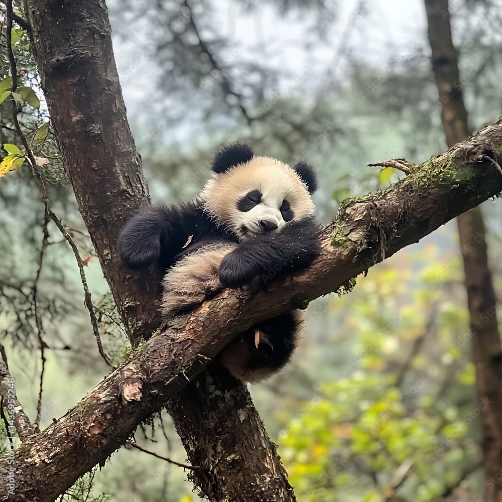 Obraz premium Sleepy panda cub nestled in a forest branch.