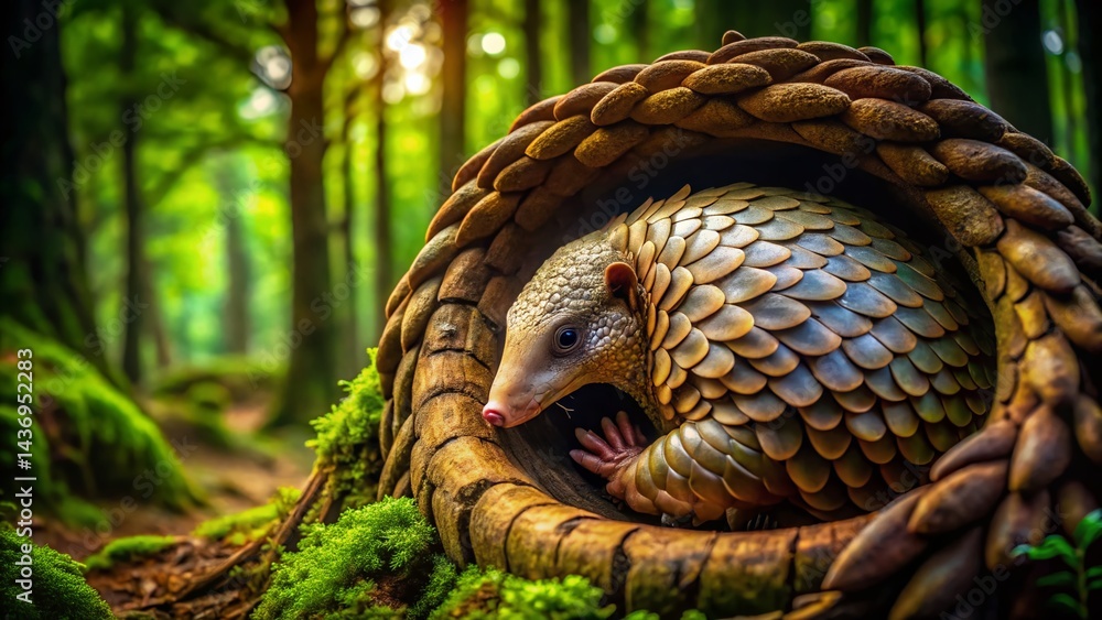 Obraz premium Serene Pangolin in Hollow Tree Trunk - Long Exposure Forest Photography