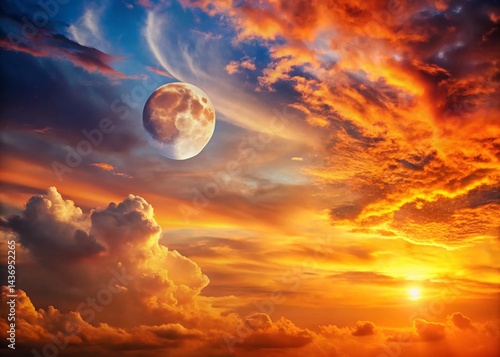 Serene Orange Sunset Cloudscape with Moon, Ample Copy Space - Stock Photo