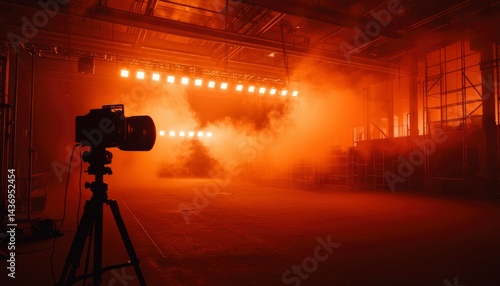 Studio filming setup, orange light, smoke