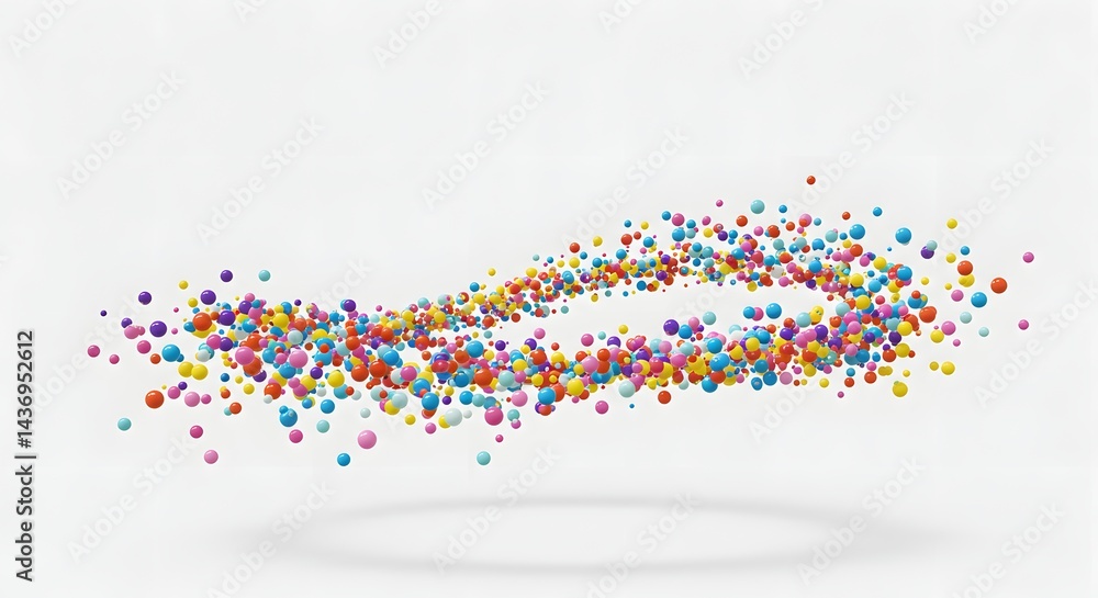 Fototapeta premium A wave of colorful spheres floating in the air against a white background with a subtle shadow below