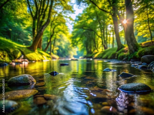 Serene Stream: Aerial Tilt-Shift View of Rippling Water & Sunlight Through Trees