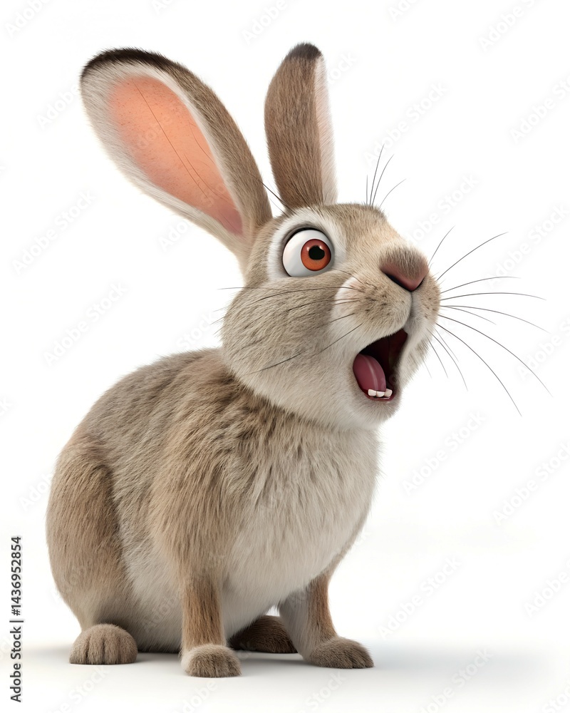 Fototapeta premium A 3D cartoon rabbit with a surprised expression, suitable for animation projects and children's content.