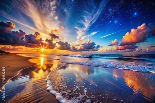 Serene Sunset Beach: Starry Night Sky Meets Tranquil Ocean Waves