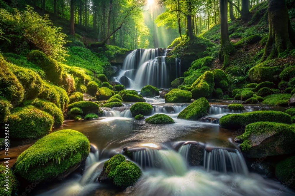 Fototapeta premium Serene Waterfall in Lush Forest: Mossy Rocks & Tranquil Flow - Stock Photo