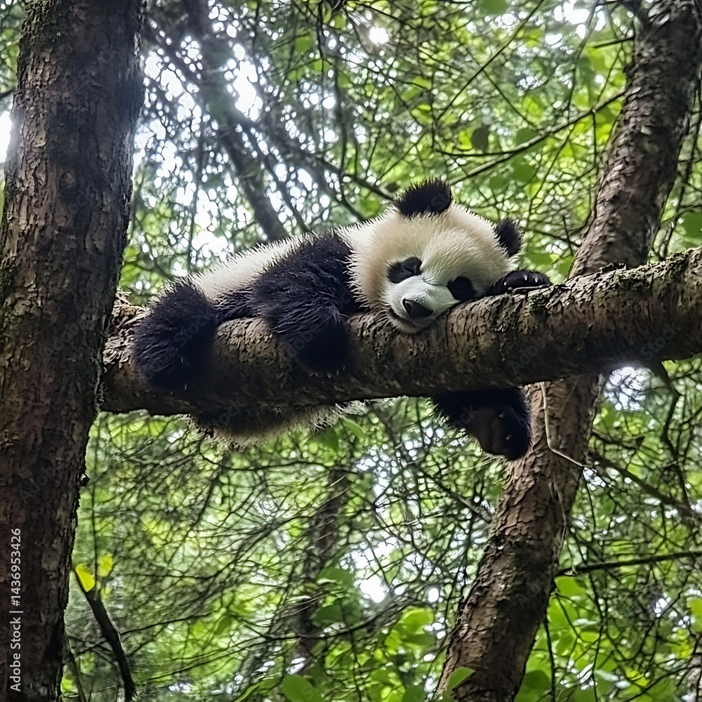 Fototapeta premium Sleepy panda cub rests contentedly on a tree branch.