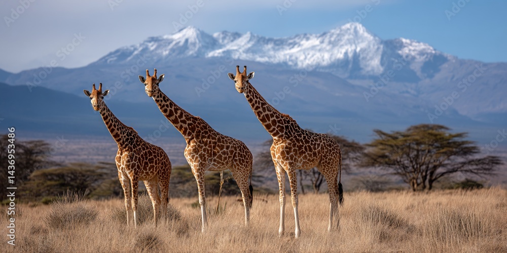 Obraz premium Three giraffes in African savanna with snow-capped mountain background. Possible use Nature photography, wildlife, travel, educational materials