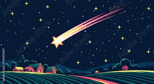 Cartoon shooting star over rural landscape with farmhouses under starry night sky illustration for children's book