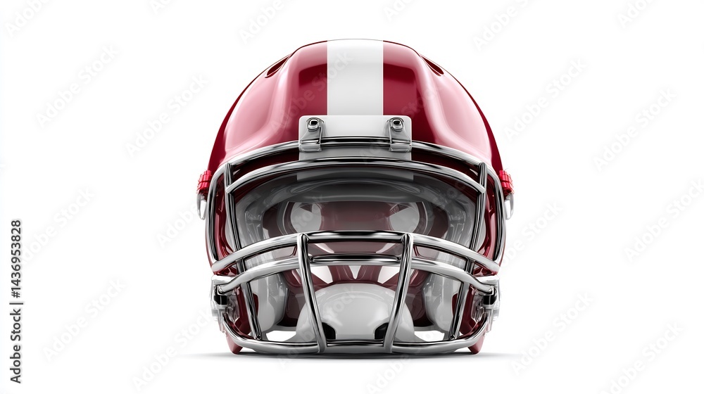 Fototapeta premium Front view of a shiny maroon football helmet with white stripe on white backdrop