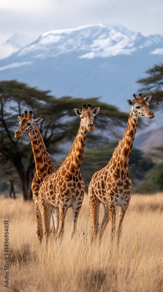 Obraz premium Three giraffes in savanna grassland, mountains in background, wildlife photography, nature scene, African safari