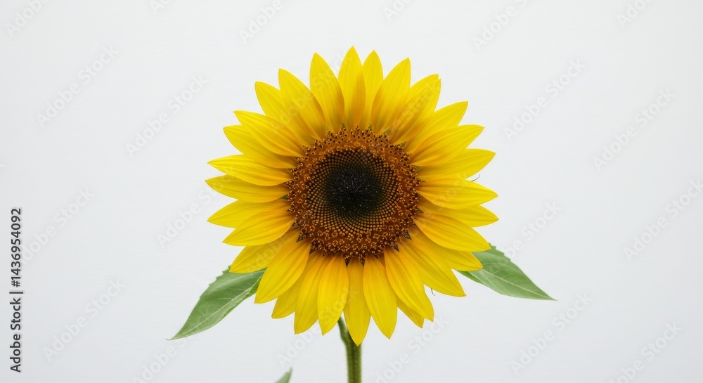 Naklejka premium Close up of a vibrant yellow sunflower with a dark center against a plain white background, perfect for spring and summer designs