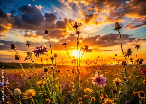 Silhouetted Wildflowers at Sunset, Golden Hour Meadow Landscape