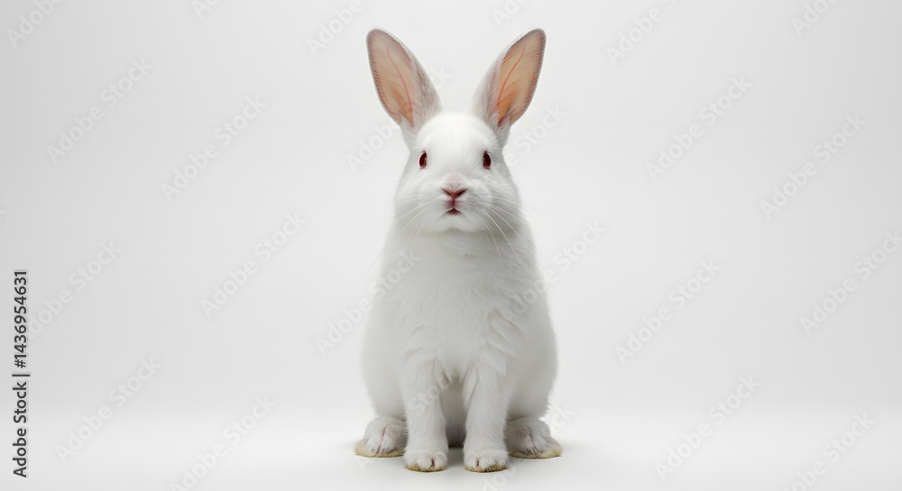 A fluffy white rabbit with long ears sitting upright on a plain white background in a studio setting A fluffy white rabbit with long ears sitting upright on a plain white background in a studio setting