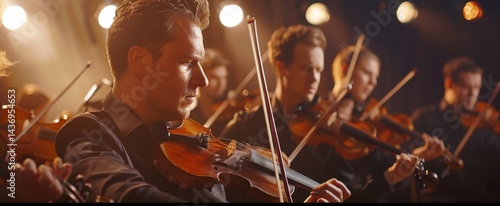 Classical music symphony orchestra string section performing, male violinist playing on foreground, music and teamwork concept