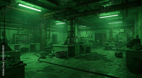 Grungy, abandoned lab lit with eerie green light