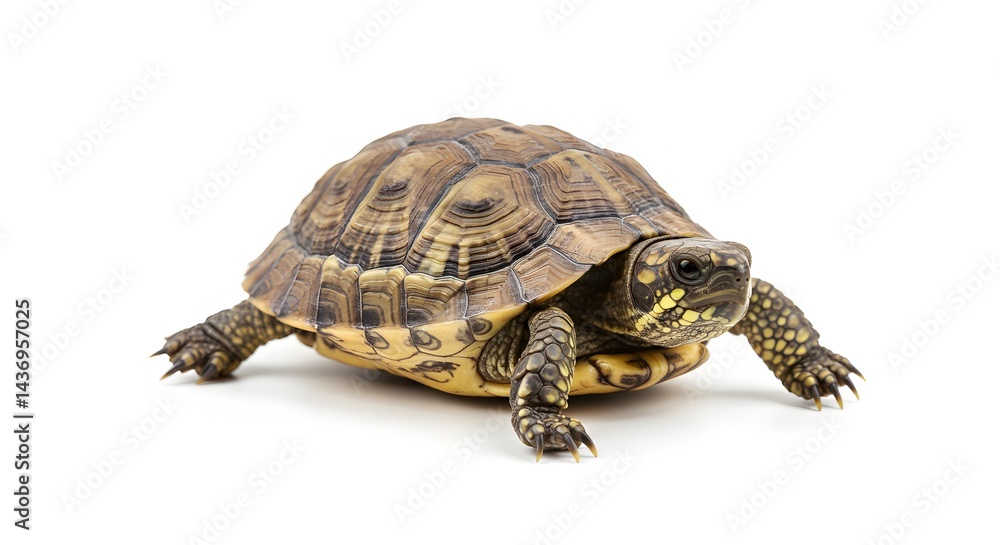 Naklejka premium A brown and yellow turtle with patterned shell isolated against a plain white background in studio shot