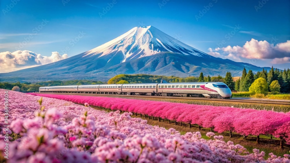 Spring in Japan: Bullet Train Speeding Past Mount Fuji & Pink Moss