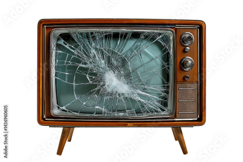 A broken television set with cracked glass on a transparent background, isolated on the right side of an old-fashioned television photo