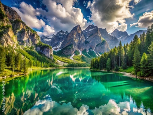 Stunning Panoramic View of Pragser Wildsee Lake, Dolomites, Italy - Breathtaking Mountain Scenery