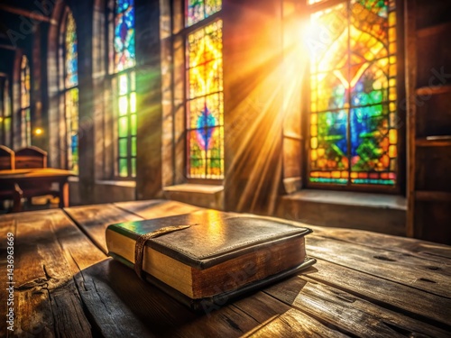 Wallpaper Mural Sunlight Illuminates Antique Bible on Wooden Library Table - Stained Glass Window Long Exposure Torontodigital.ca