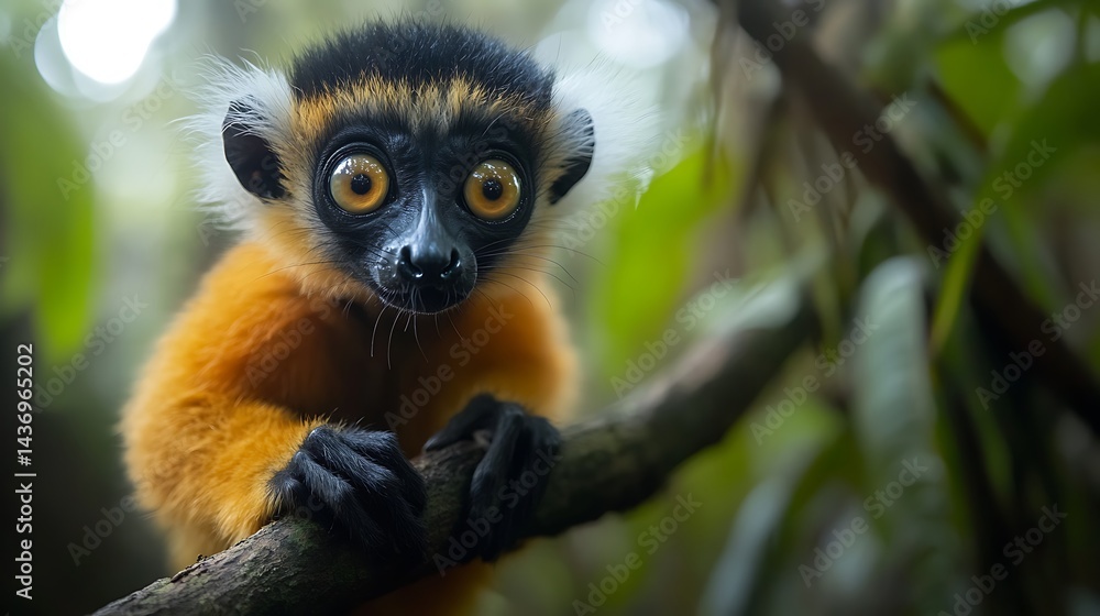 A lemur perched on a tree branch in Madagascar’s lush rainforest, wide eyes reflecting the vibrant greens and yellows of the surrounding foliage, fluffy tail curled around the branch, peaceful and i A lemur perched on a tree branch in Madagascar’s lush rainforest, wide eyes reflecting the vibrant greens and yellows of the surrounding foliage, fluffy tail curled around the branch, peaceful and i