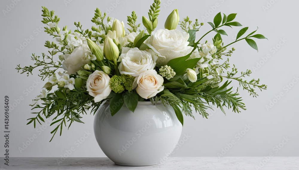 Elegant bouquet of white roses and greenery in a round vase Elegant bouquet of white roses and greenery in a round vase