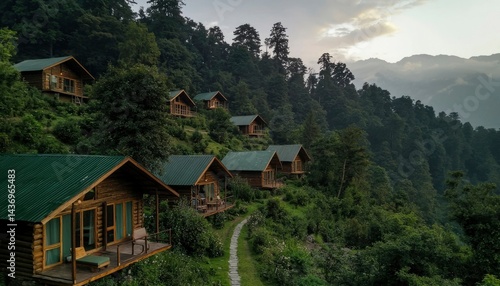 Wallpaper Mural Mountainside cabins nestled in lush greenery Torontodigital.ca